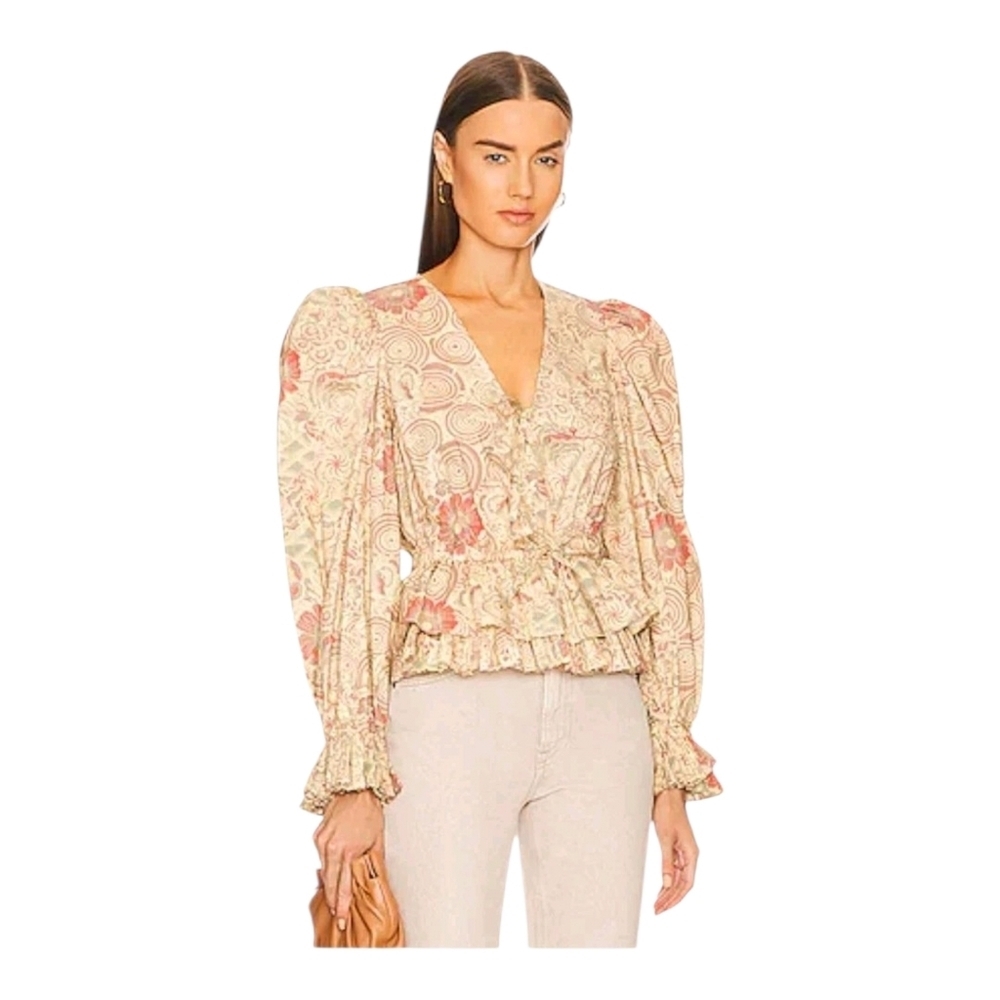 Ulla Johnson Womens Yellow Floral Puff Sleeve Brunch Date Pleated Ren Top 0
